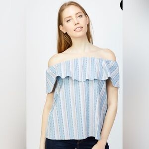 Striped Peasant Boho Ruffle Off Shoulder Shirt by RD & Koko Country Summer